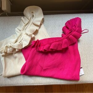 Sofia by Sofia Vergara Pink & Cream Knit One Shoulder Ribbed Ruffle Tops Bundle
